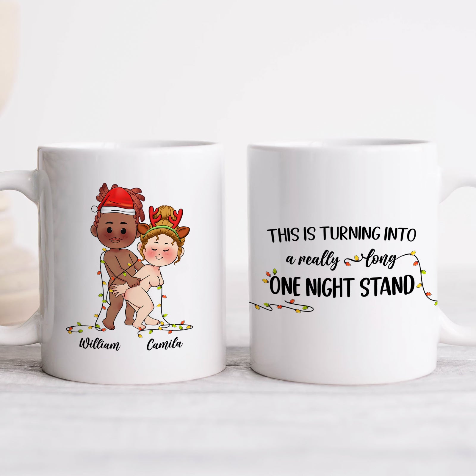 personalized Christmas Mug Gift For Couple white ceramic mug set with cartoon couple wrapped in lights and humorous quote