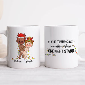 personalized Christmas Mug Gift For Couple white ceramic mug set with cartoon couple wrapped in lights and humorous quote
