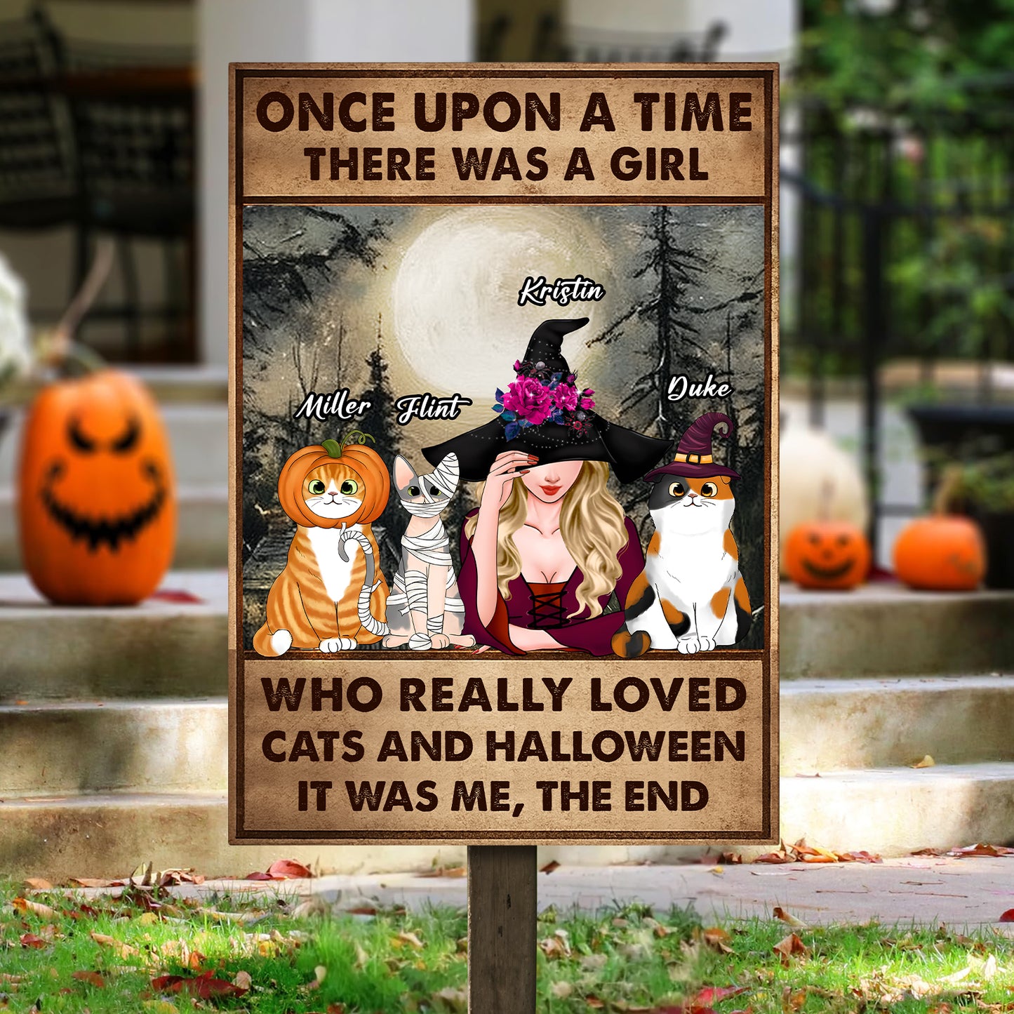 personalized Halloween metal sign featuring a witch with three named cats moonlit background and porch pumpkins