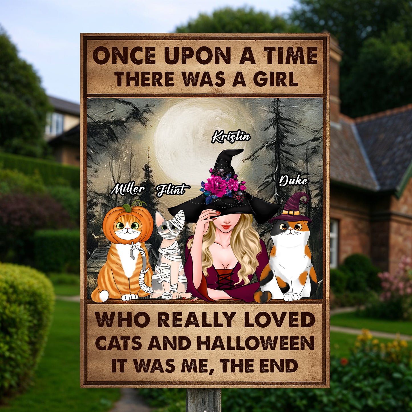 personalized Halloween metal sign featuring a witch and three named cats with storybook text