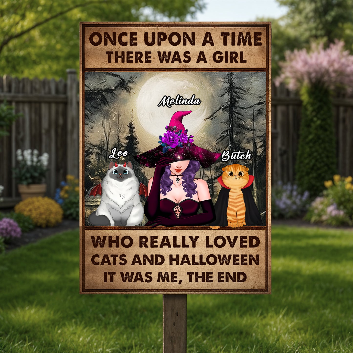 personalized Halloween metal sign featuring witch Melinda with purple hat and two cats Leo and Butch