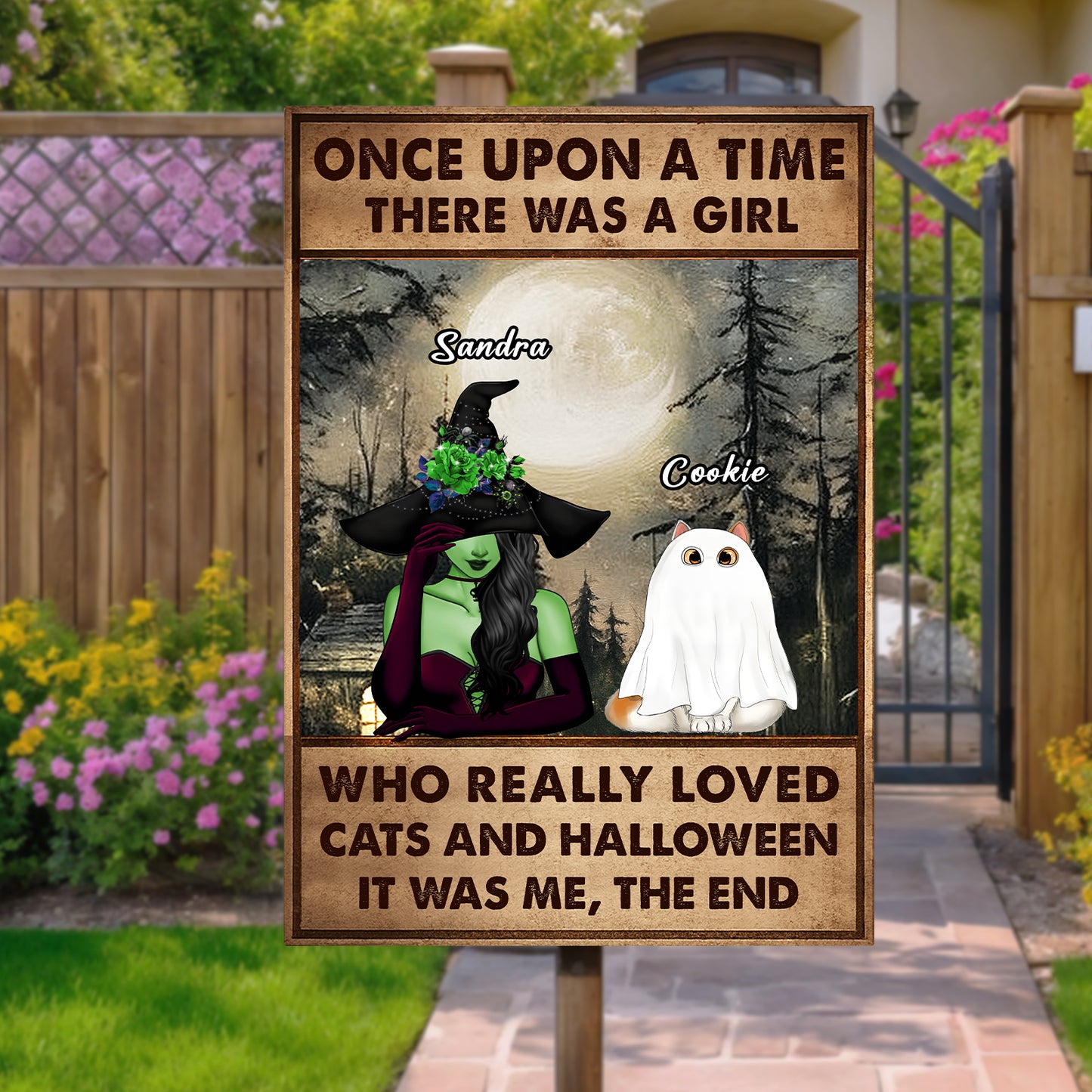 personalized Halloween metal sign showing witch named Sandra and ghost cat Cookie under full moon