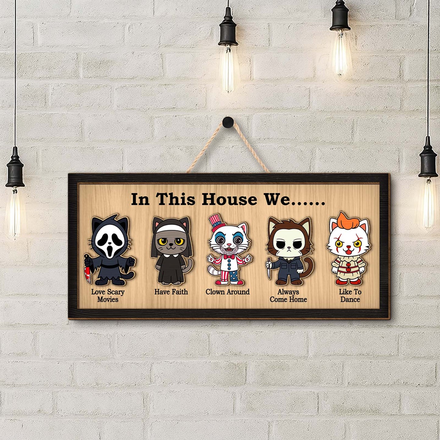 365Gifty personalized Halloween wooden sign hanging on brick wall with five cute spooky character illustrations and captions