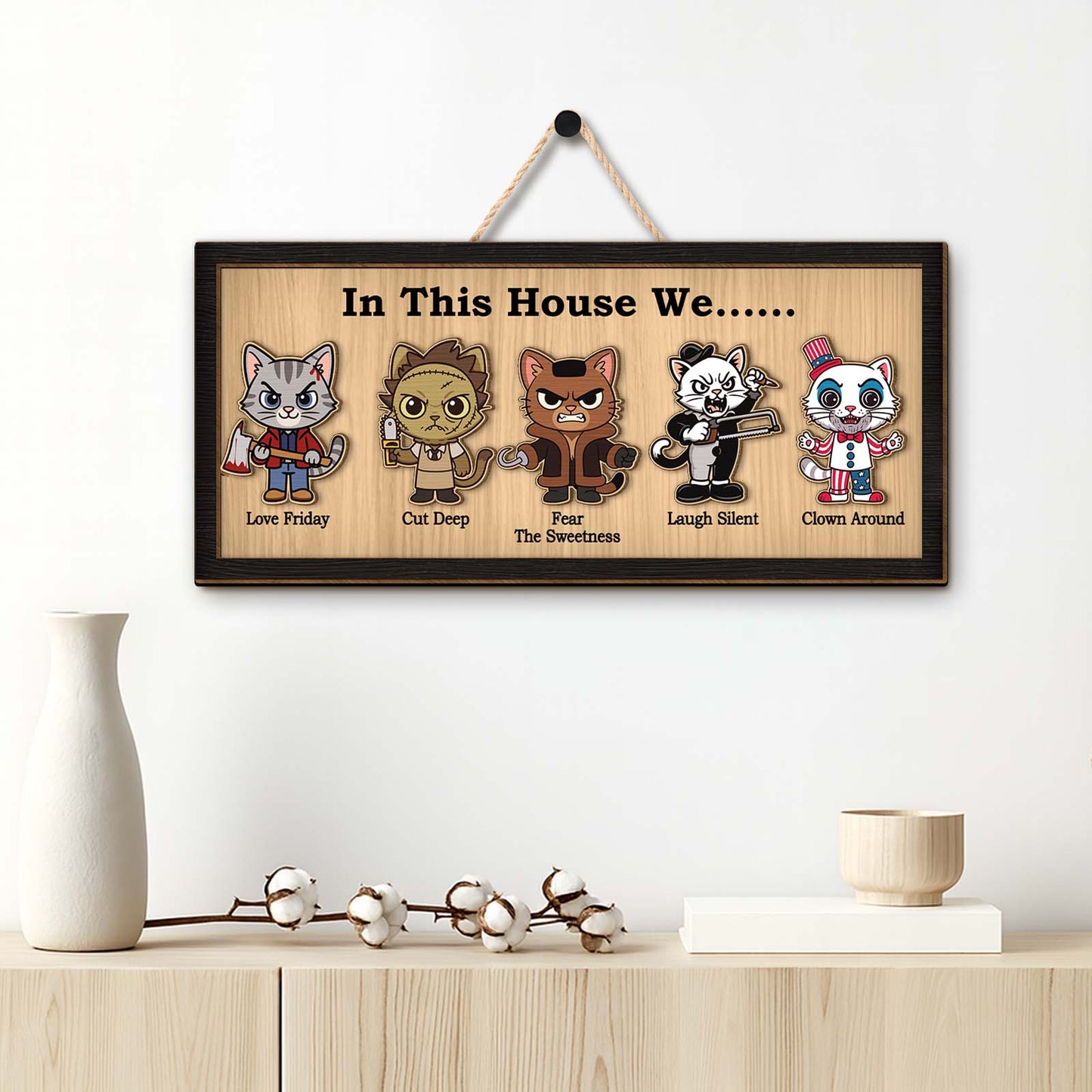 personalized Halloween wooden sign featuring five cartoon cat characters in horror costumes