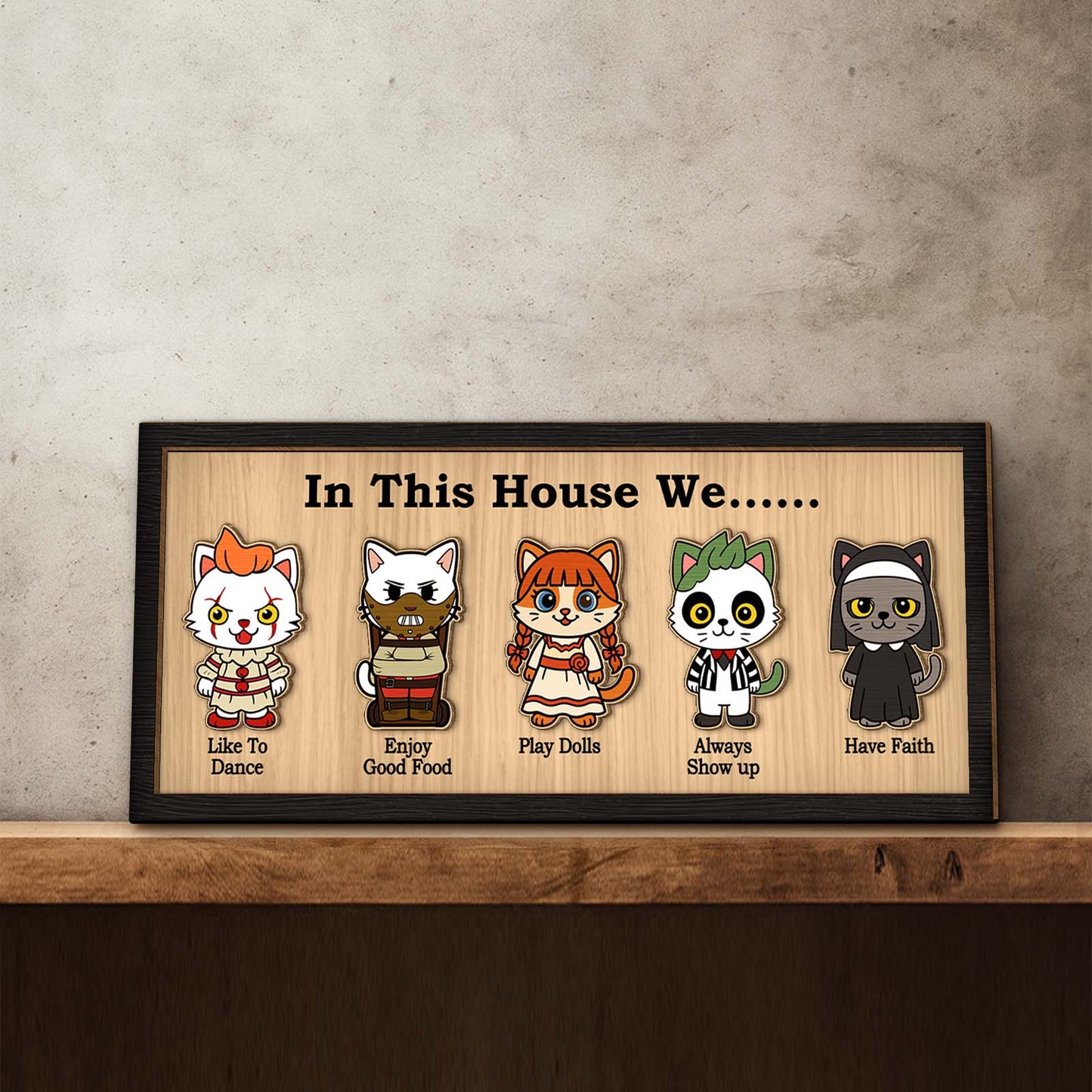 personalized Halloween wooden sign featuring framed cartoon cats in costumes with family rules for home decor