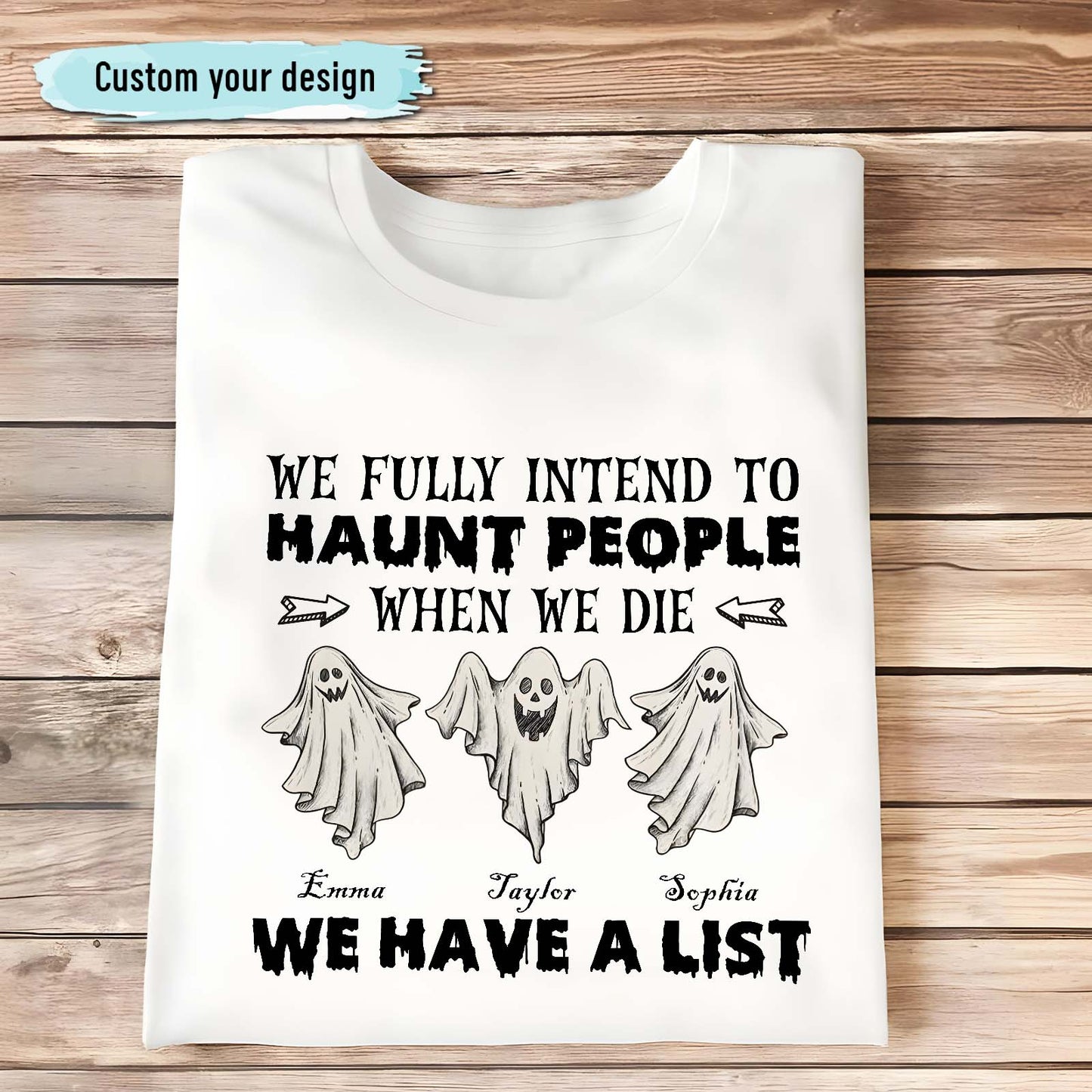 365Gifty white ceramic mug with blue floral butterfly sisters design and custom names personalized Funny Halloween Ghost shirt