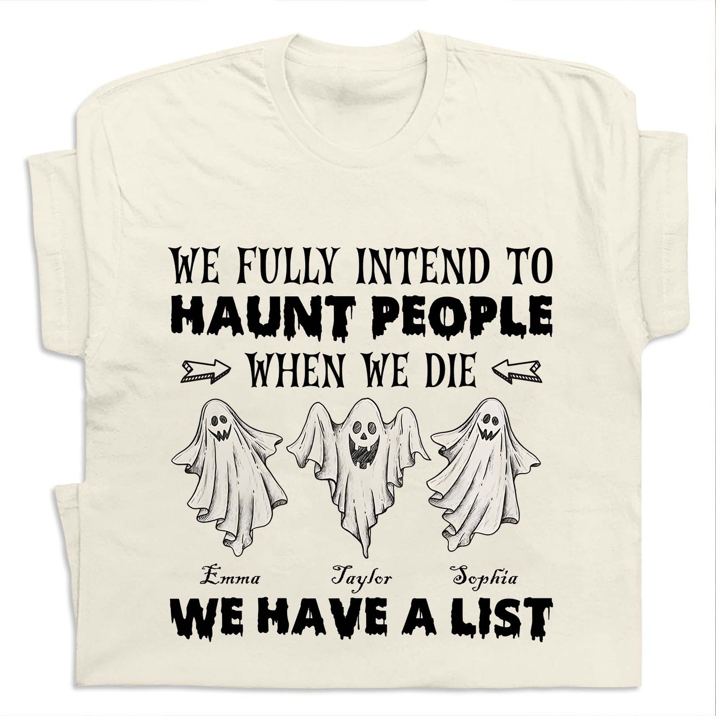 personalized Funny Halloween Ghost shirt cream tee with three cartoon ghosts and custom names Emma Taylor Sophia