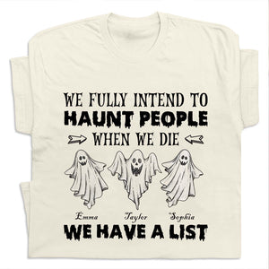 personalized Funny Halloween Ghost shirt cream tee with three cartoon ghosts and custom names Emma Taylor Sophia