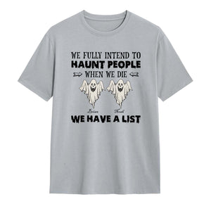 365Gifty personalized Funny Halloween Ghost shirt light gray tee with two cartoon ghosts names and We have a list slogan