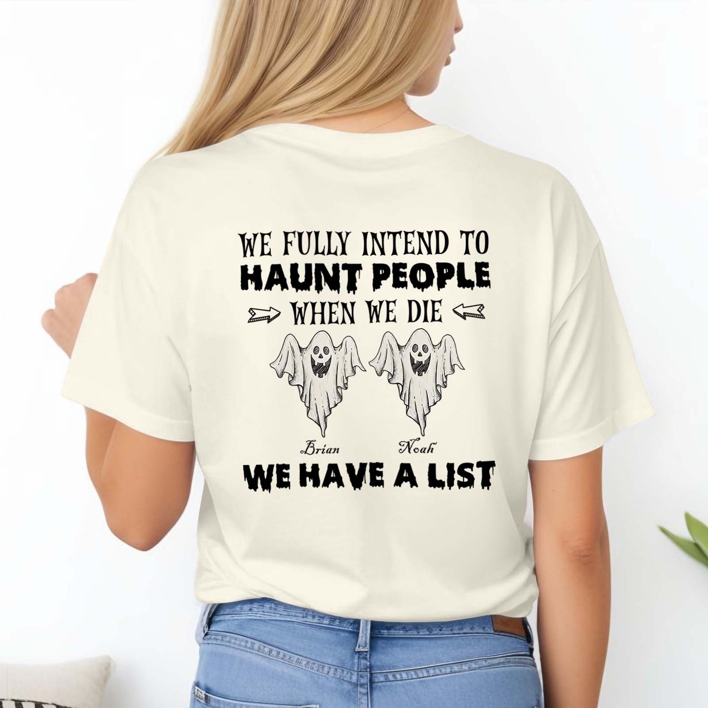 Wooden Partners in Crime sign with two female cartoon avatars and names listing for personalized Funny Halloween Ghost shirt