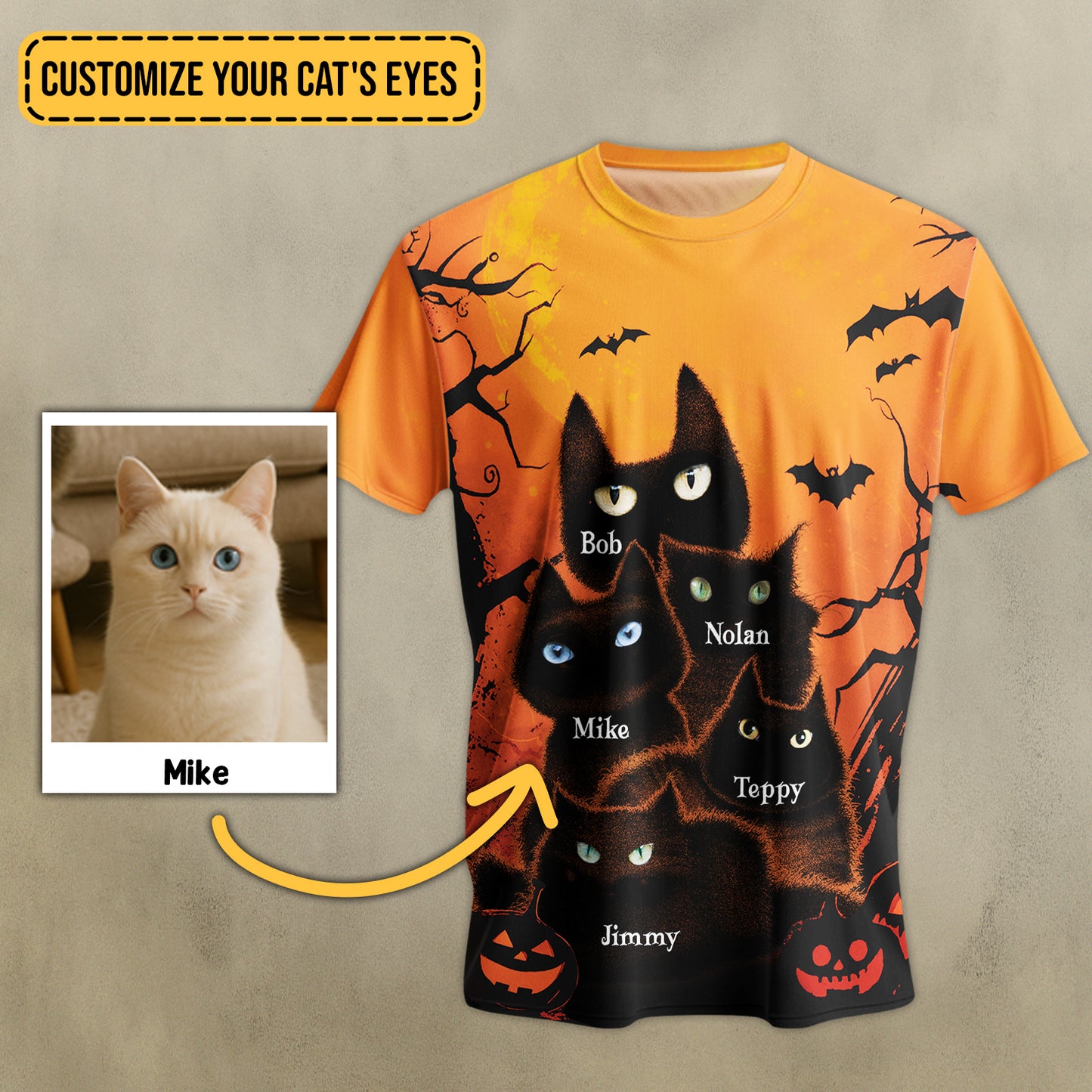 365Gifty ceramic mug with blue butterfly design and three names Sarah Linda Sophia personalized Halloween cat t-shirt