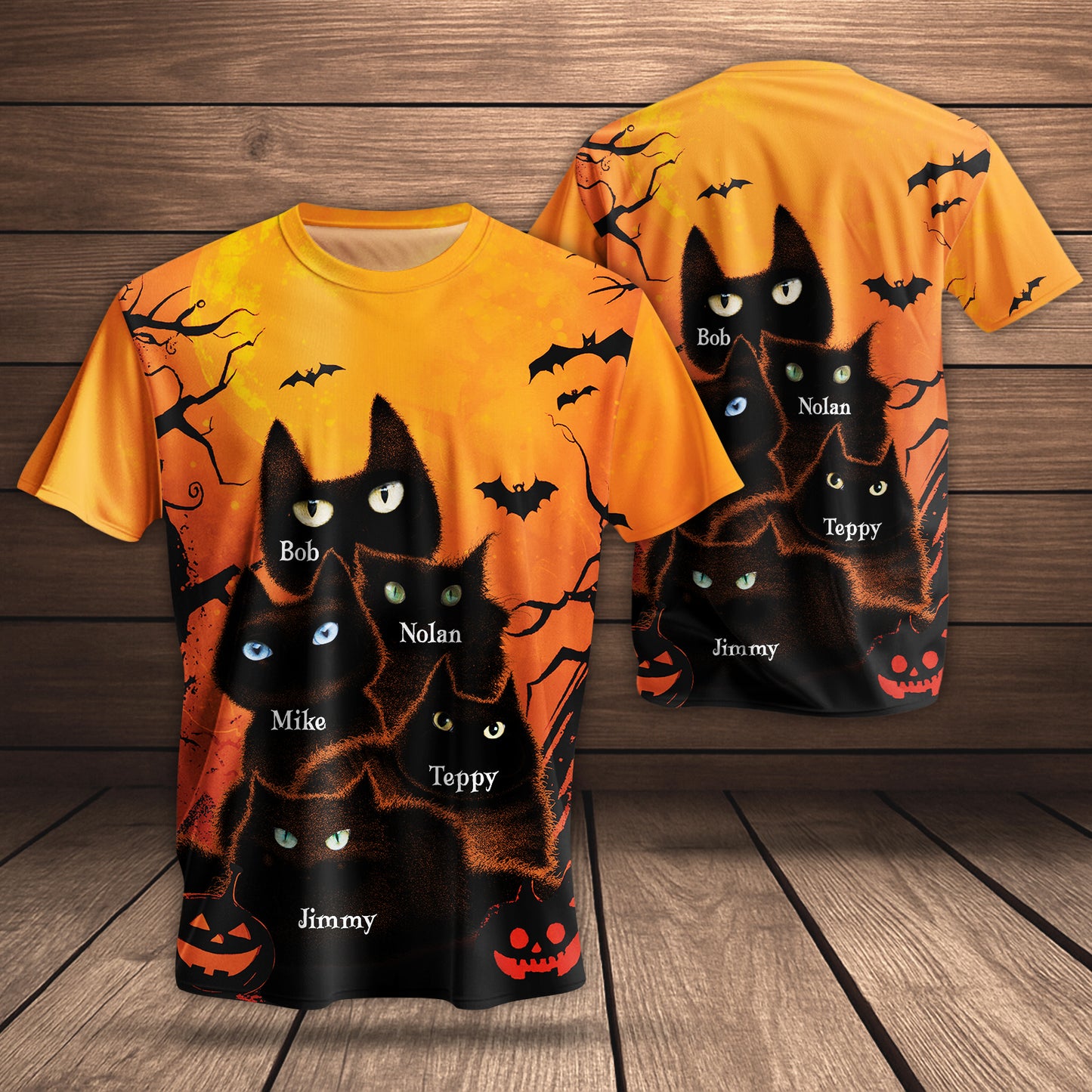 personalized Halloween cat t-shirt featuring multiple black cats with names on orange pumpkin background