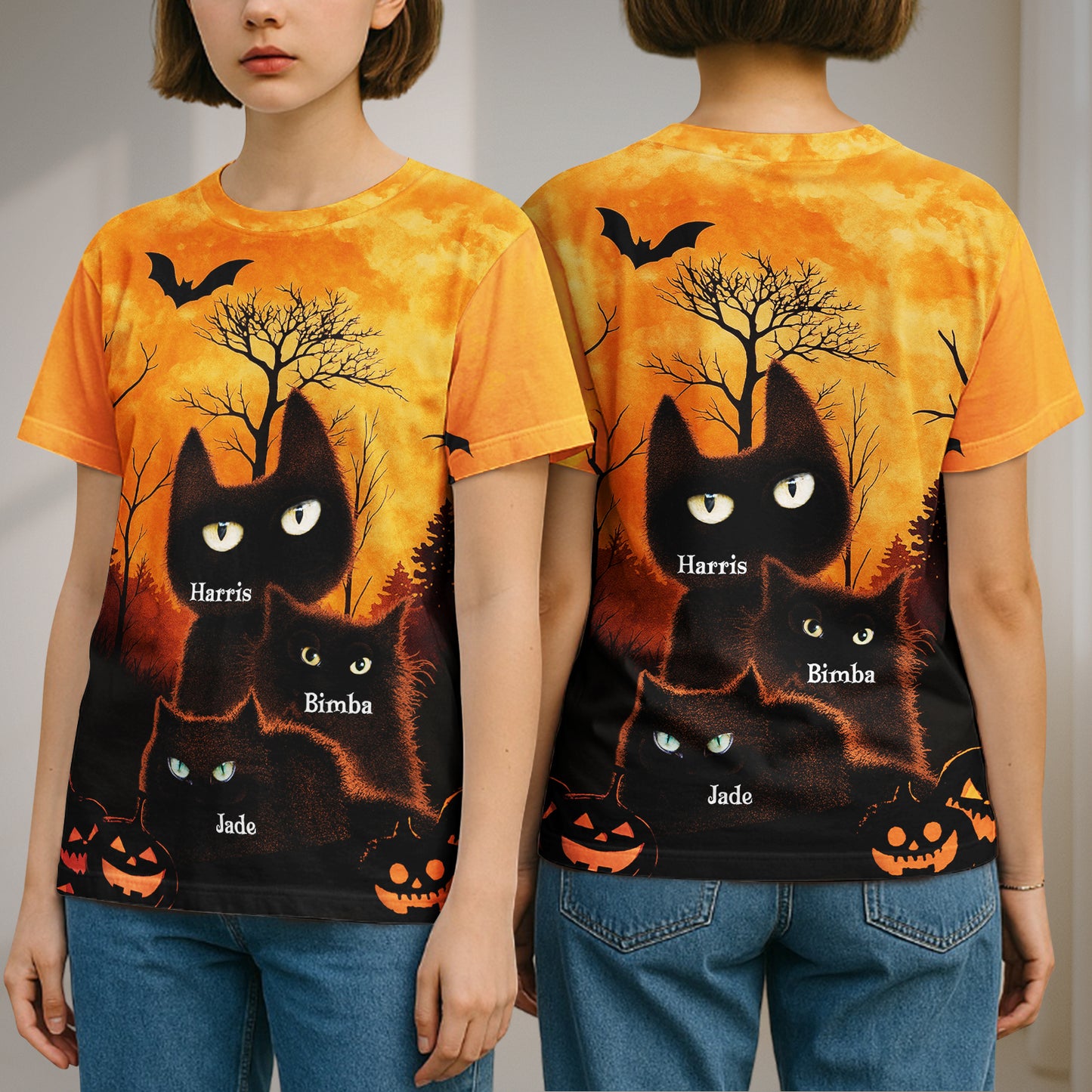 personalized Halloween cat t-shirt front and back view with orange sky three black cats named Harris Bimba Jade, bats and pumpkins