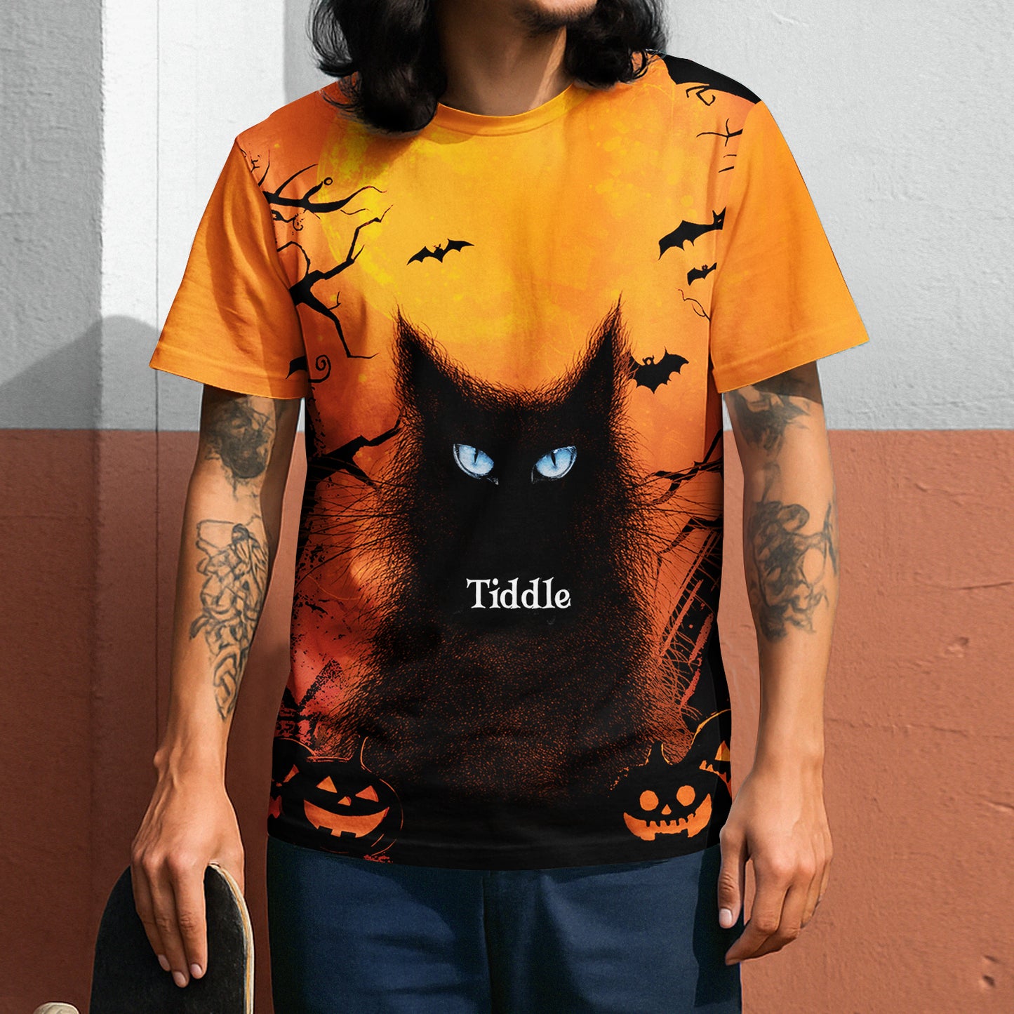 365Gifty personalized Halloween cat t-shirt orange gradient background with blue eyed black cat bats pumpkins and name Tiddle