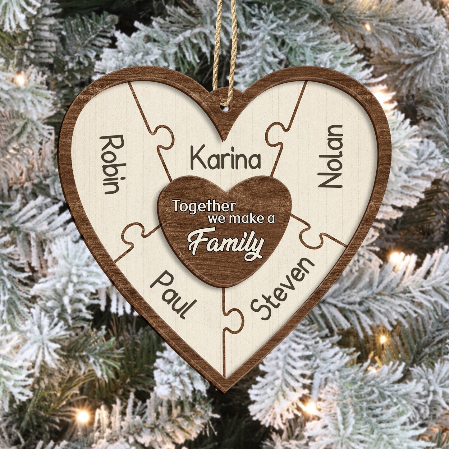 Personalized family Christmas ornament heart-shaped wooden puzzle with five names on frosted tree branches