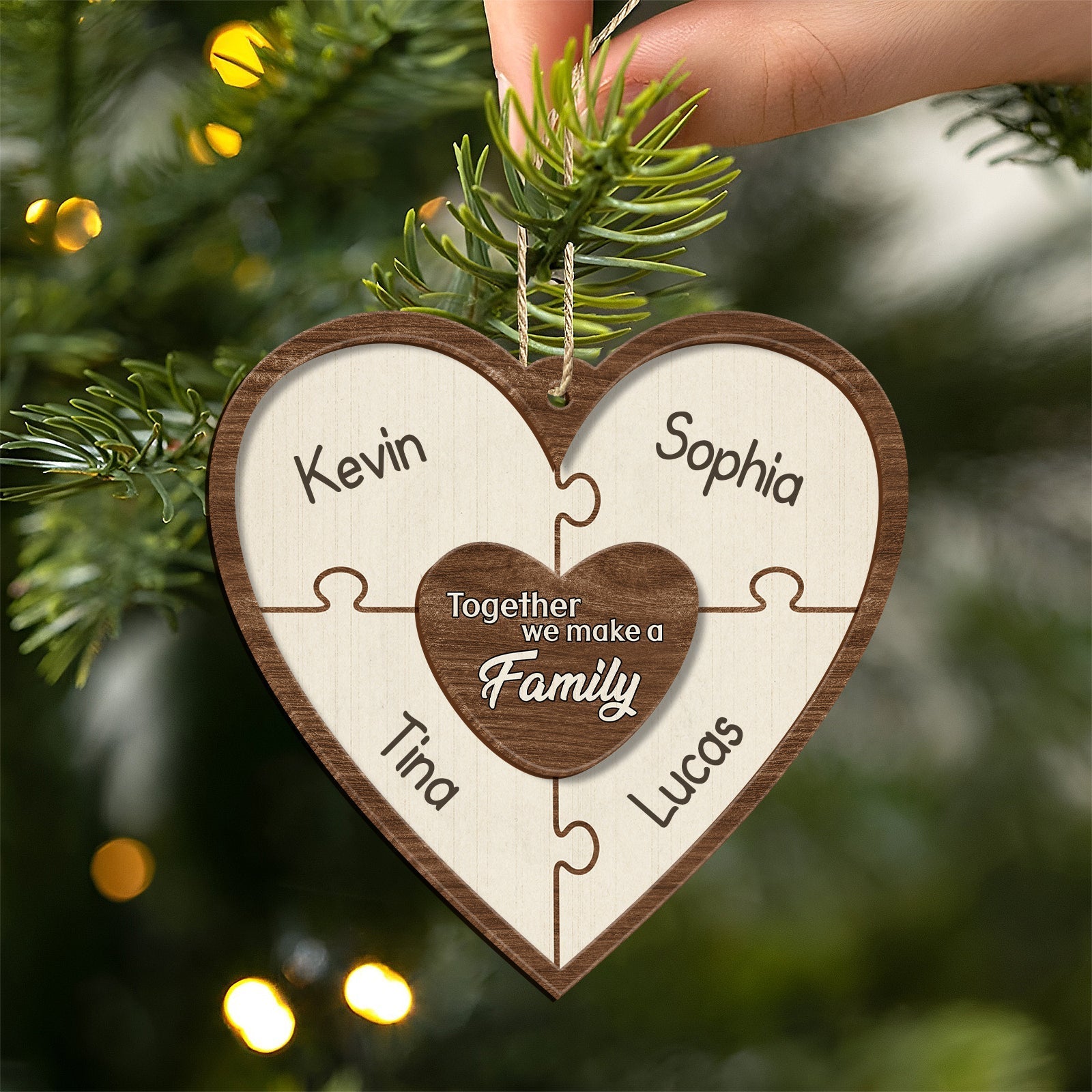 Personalized family Christmas ornament heart-shaped puzzle with names Kevin Sophia Tina Lucas from 365Gifty