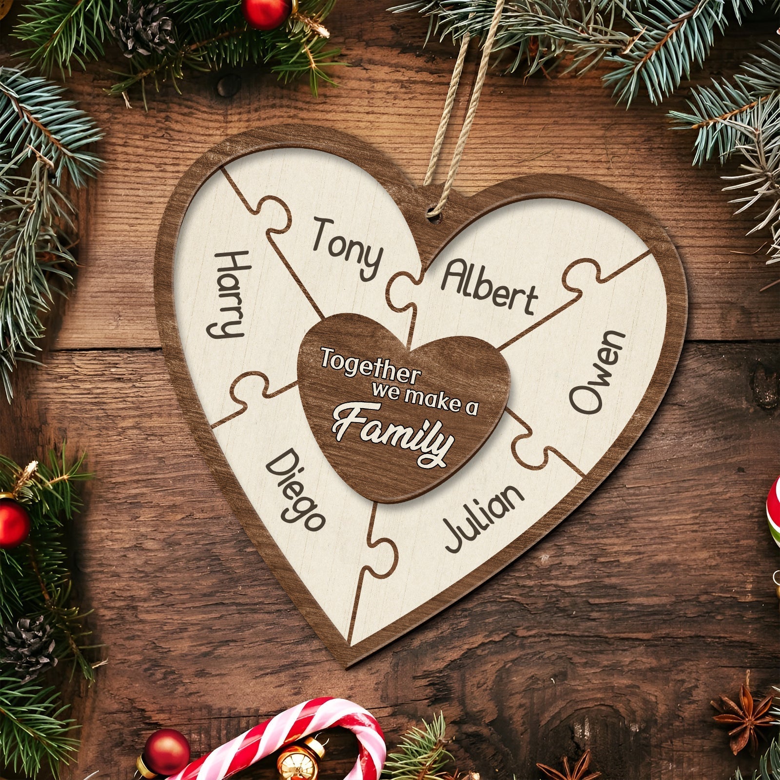 Personalized family Christmas ornament heart-shaped wooden puzzle with custom names and family message