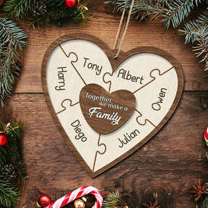 Personalized family Christmas ornament heart-shaped wooden puzzle with custom names and family message