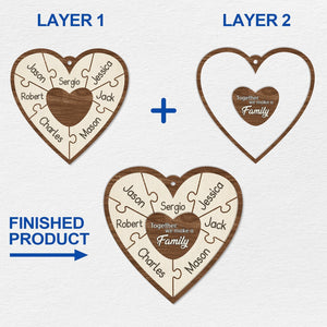 Personalized family Christmas ornament heart-shaped wooden puzzle with names and family message