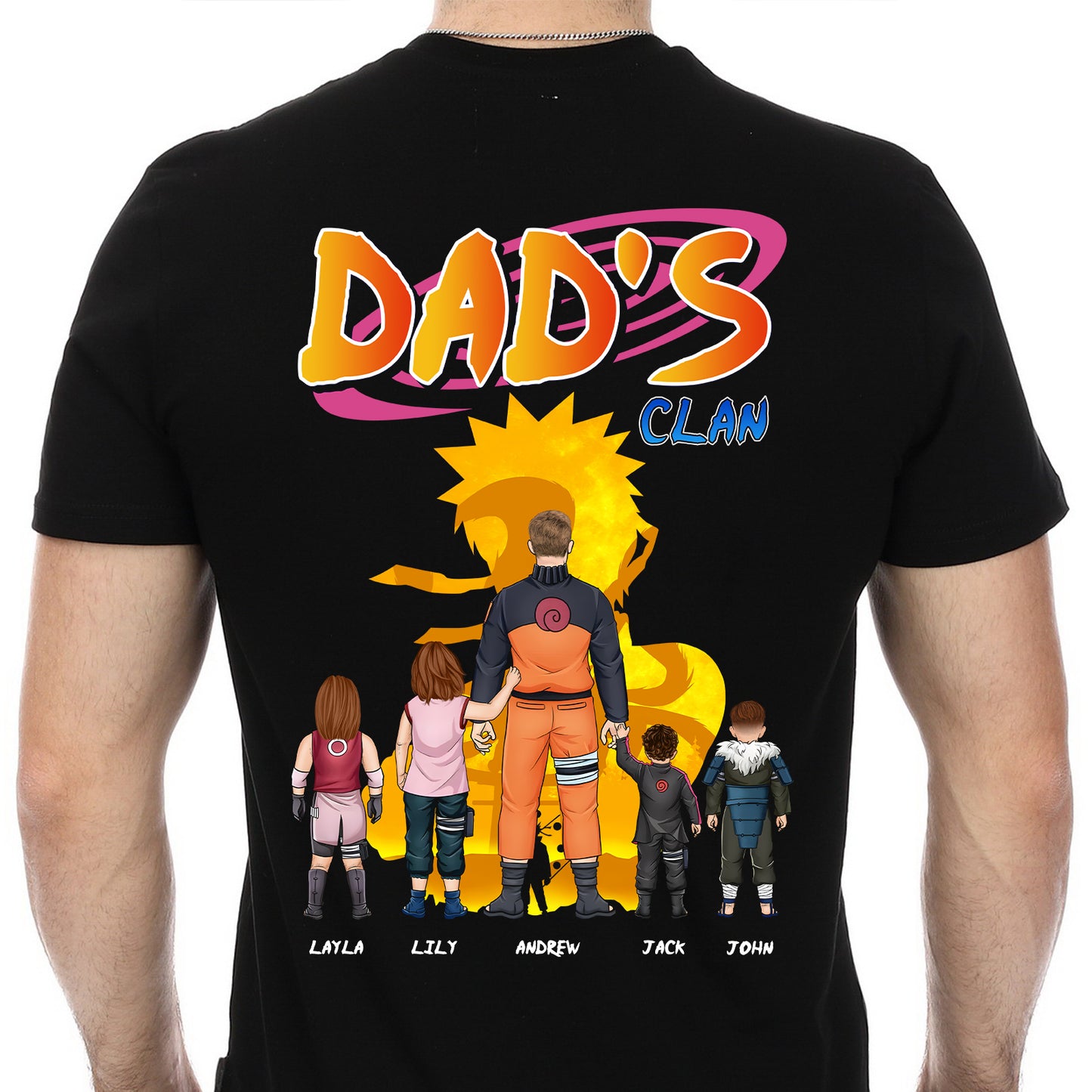 Black dad's clan family shirt with anime style characters and personalized names on the back