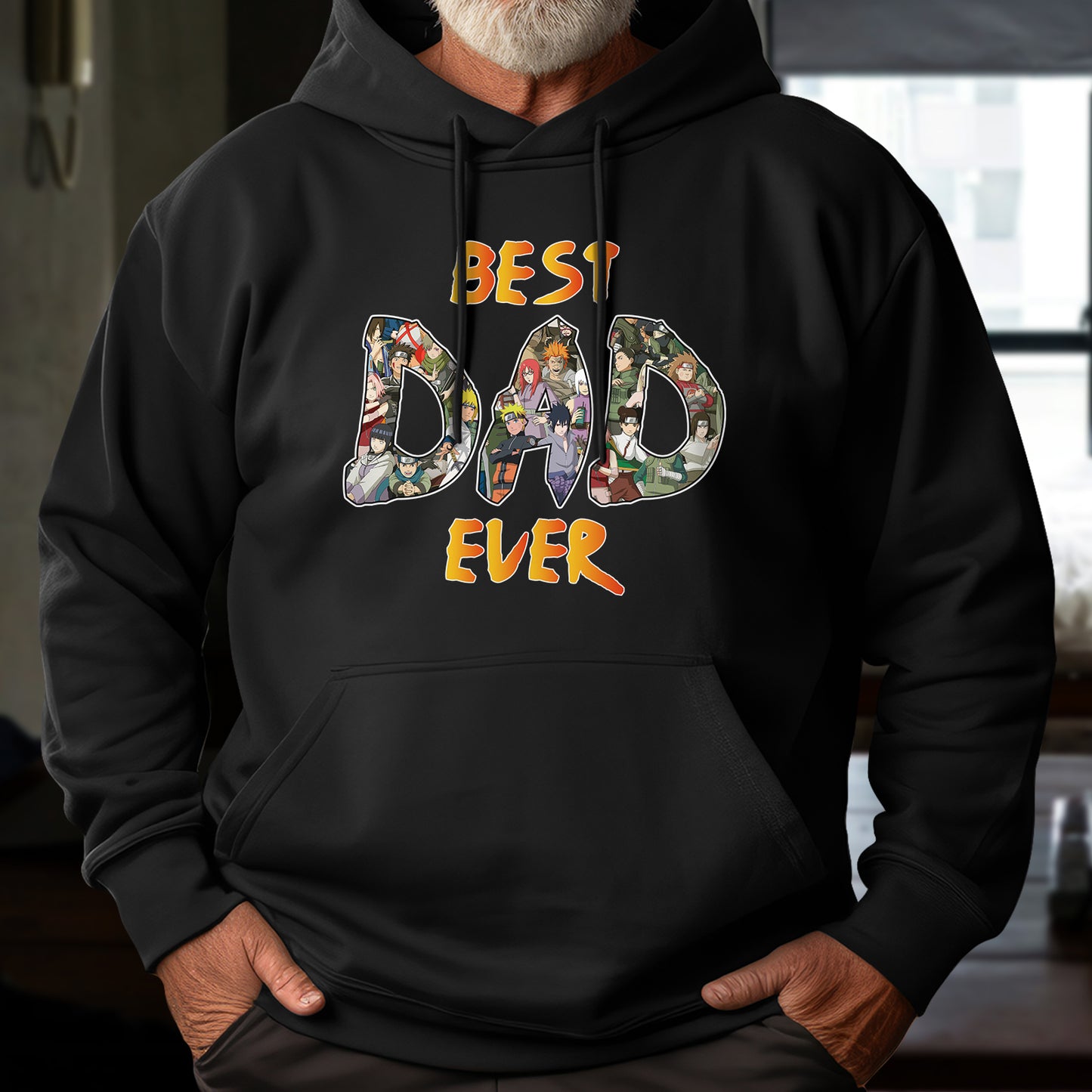 Black hoodie featuring best dad ever design with colorful characters for dad's clan family shirt
