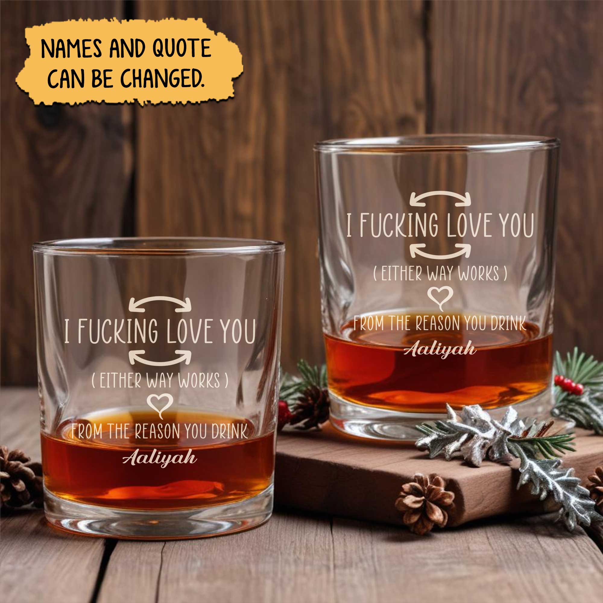 Personalized Whiskey Glass set with engraved I fucking love you message and custom name on wooden table with pine decor