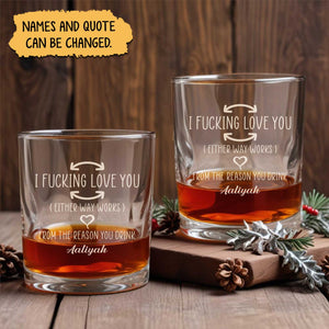 Personalized Whiskey Glass set with engraved I fucking love you message and custom name on wooden table with pine decor