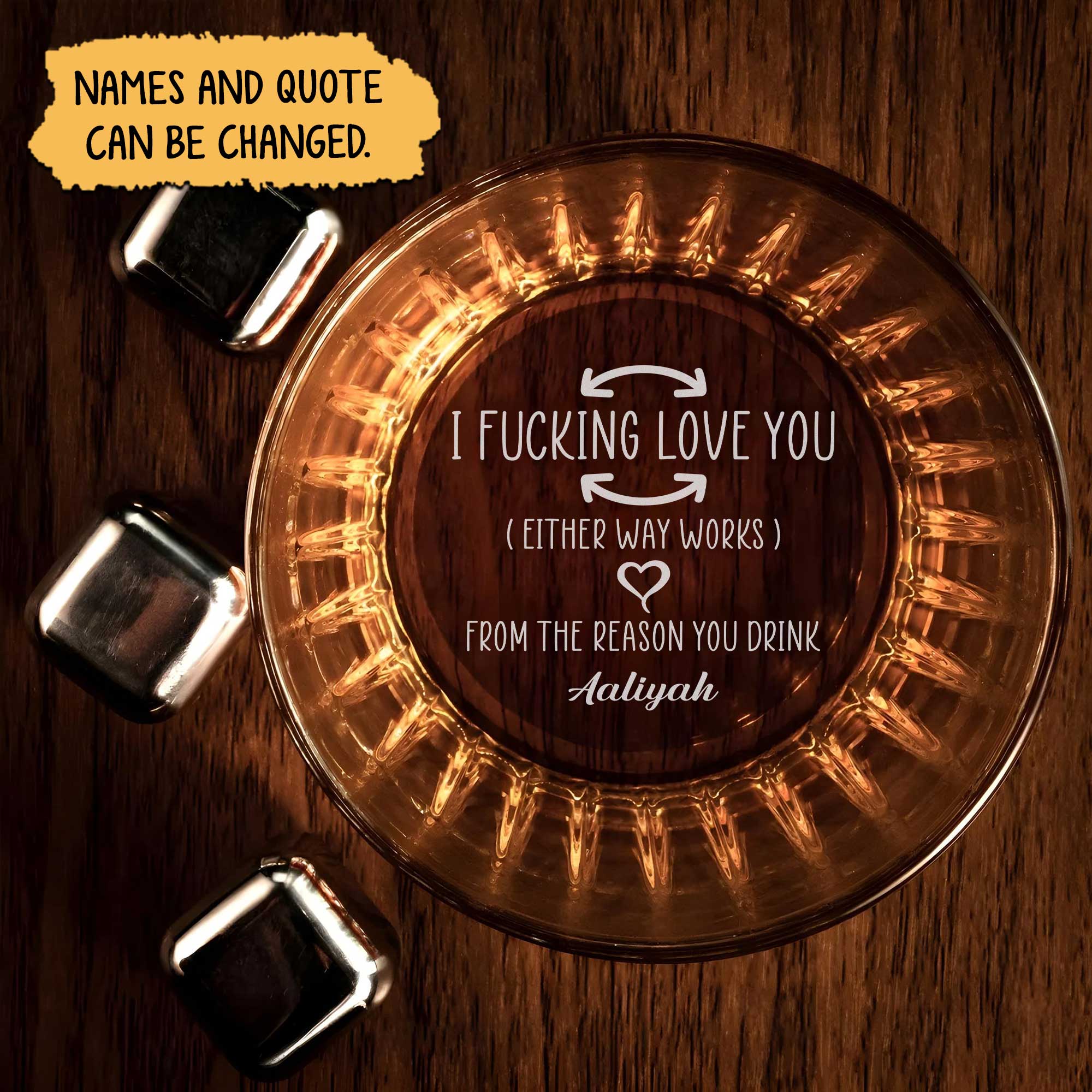 Personalized Whiskey Glass engraved top view with amber whiskey custom love message engraving and whiskey stones on wood