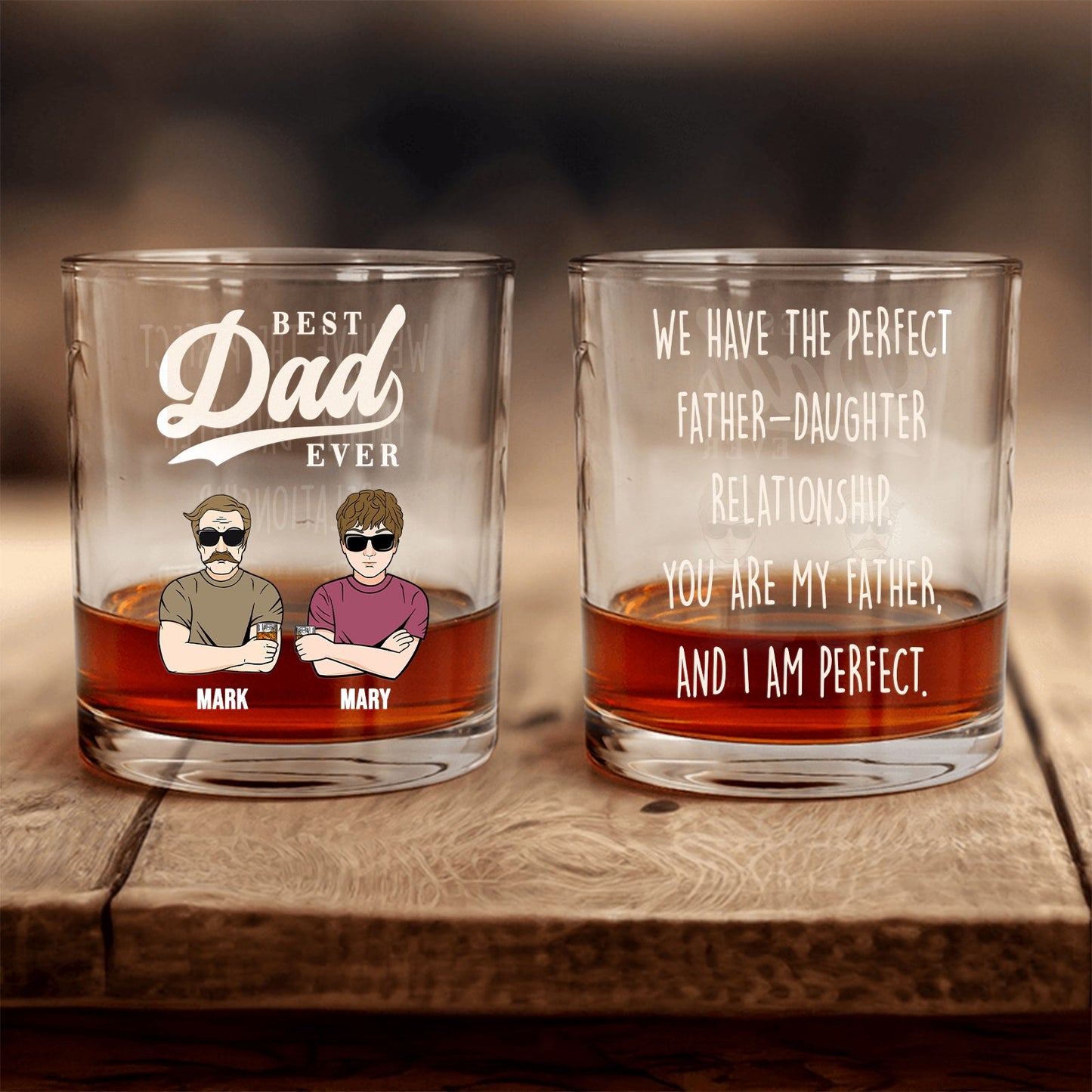 personalized best dad ever whiskey glass set with two engraved rocks glasses showing cartoon dad and daughter and humorous quote
