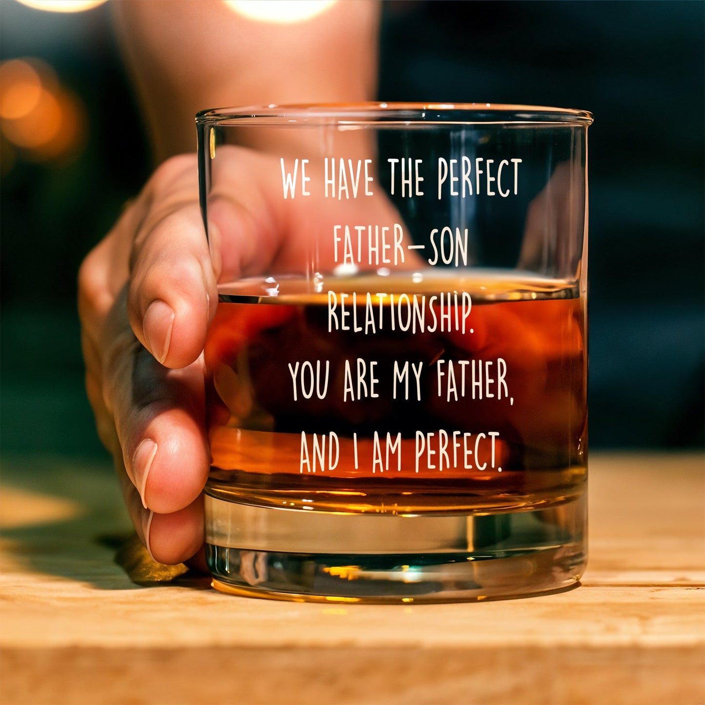 365Gifty personalized best dad ever whiskey glass held in hand with amber whiskey and father son quote