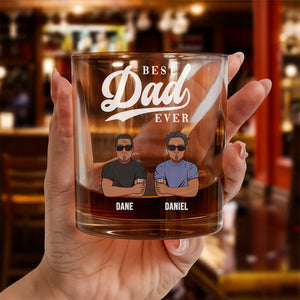 personalized best dad ever whiskey glass held in hand with engraved Best Dad Ever and two illustrated dads named Dane and Daniel
