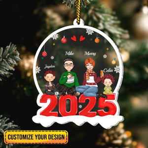 Personalized family Christmas tree decoration featuring four cartoon characters and the year 2025