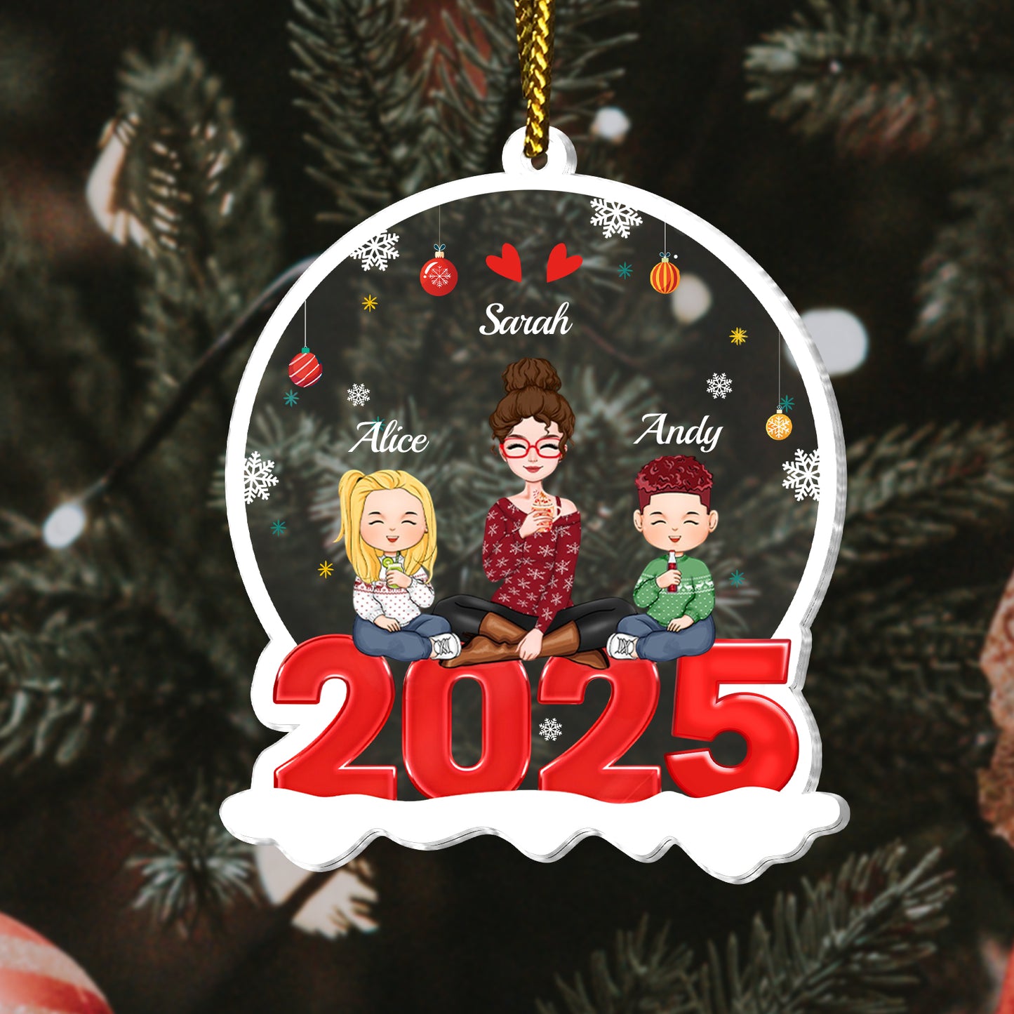 Personalized family Christmas tree decoration with three cartoon characters and 2025 date