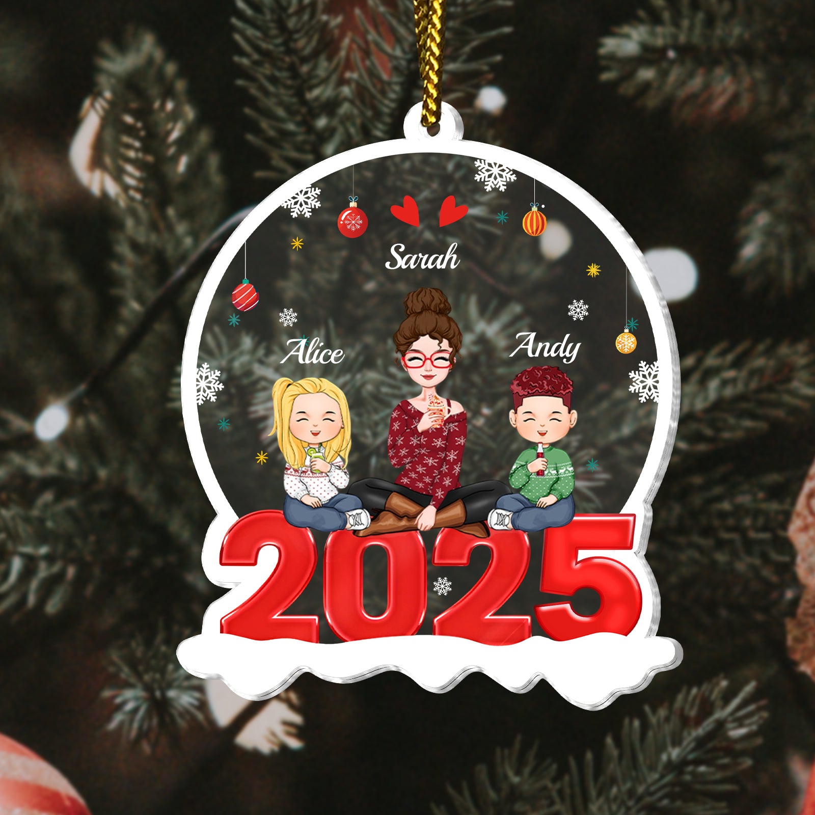 Personalized family Christmas tree decoration with three cartoon characters and 2025 date