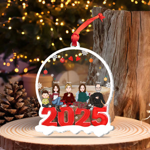 Personalized family Christmas tree decoration with names and 2025 in a festive design