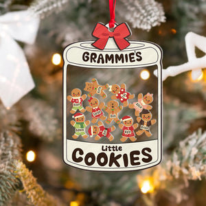 personalized shaking keychain for grandma jar ornament with named gingerbread cookies in clear shaker and red ribbon hanger