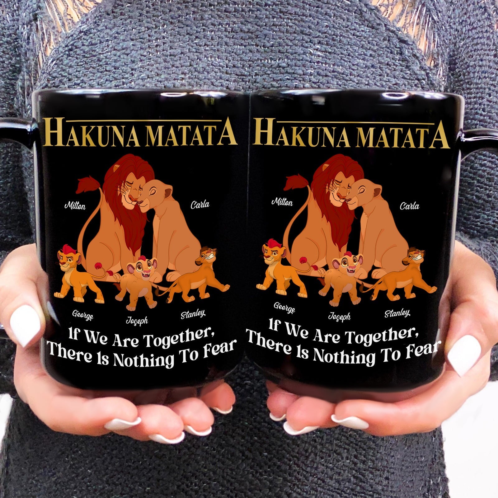 Black family togetherness gift mug featuring Hakuna Matata design with characters and uplifting message