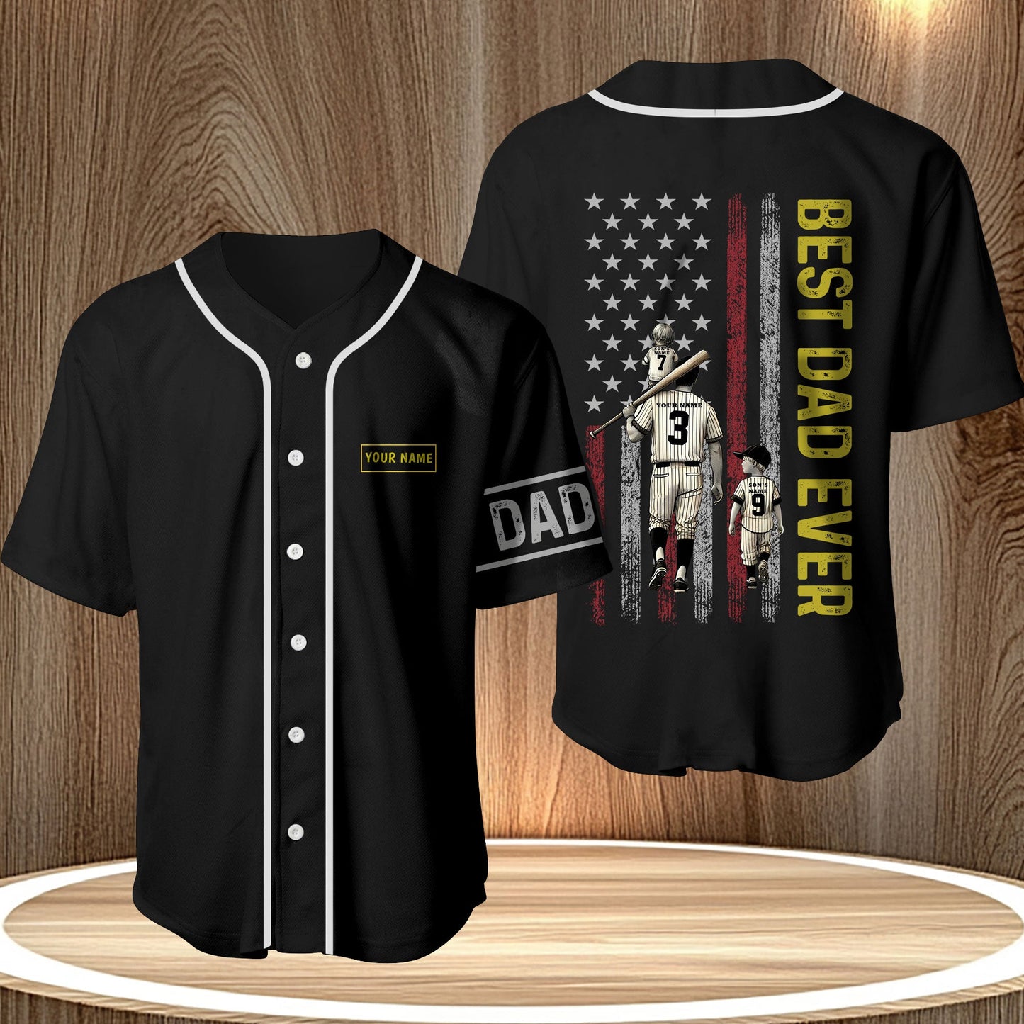 Father's day gift baseball jersey in black with Best Dad Ever design and customizable name patch