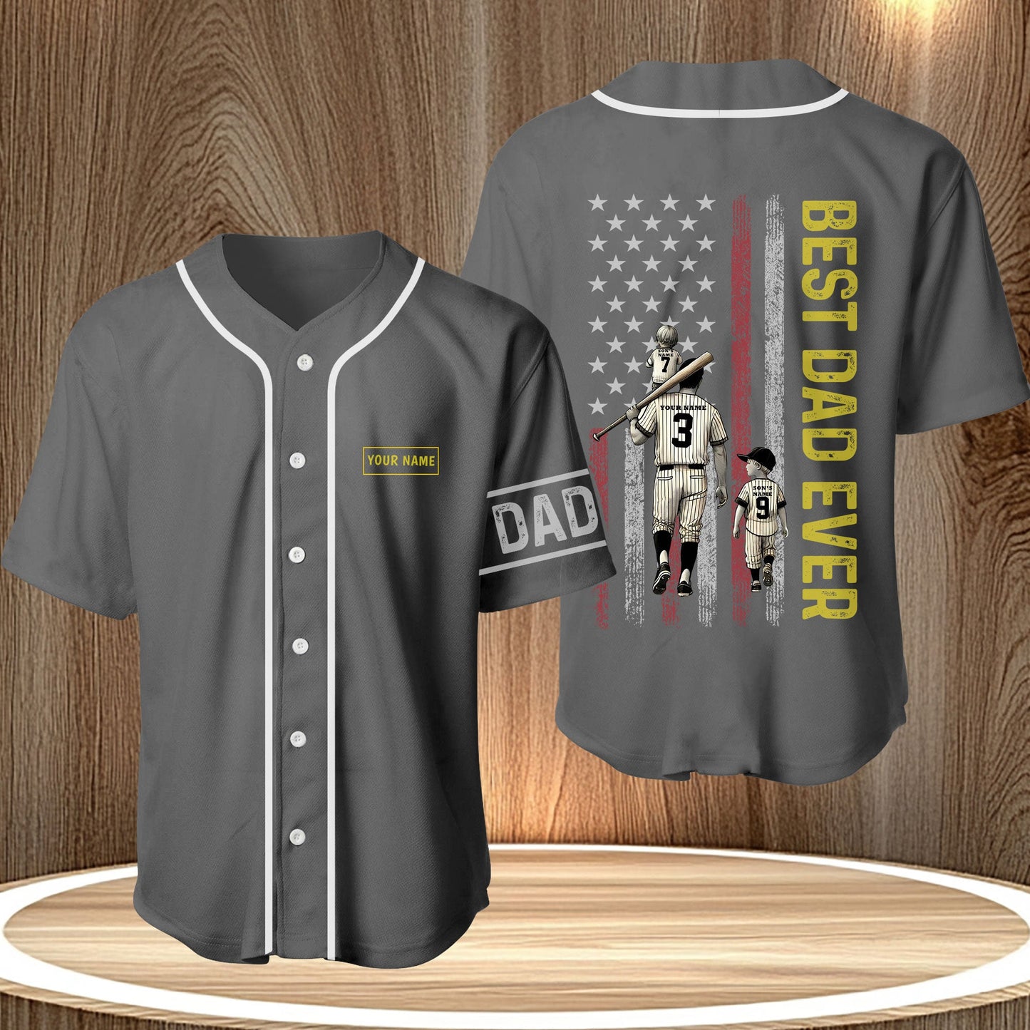 Gray baseball jersey with Best Dad Ever design and customizable name patch perfect for father's day gift baseball jersey