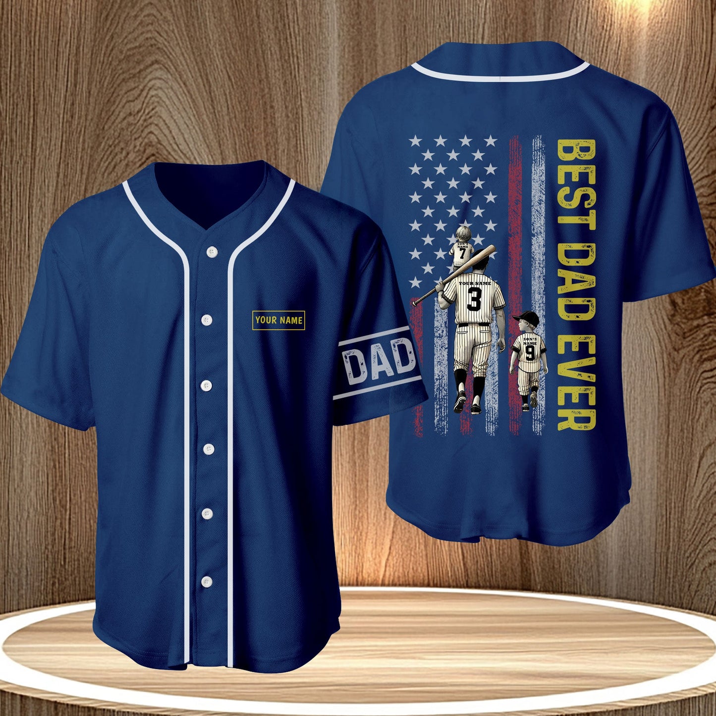 Father's day gift baseball jersey navy blue with Best Dad Ever and baseball player design