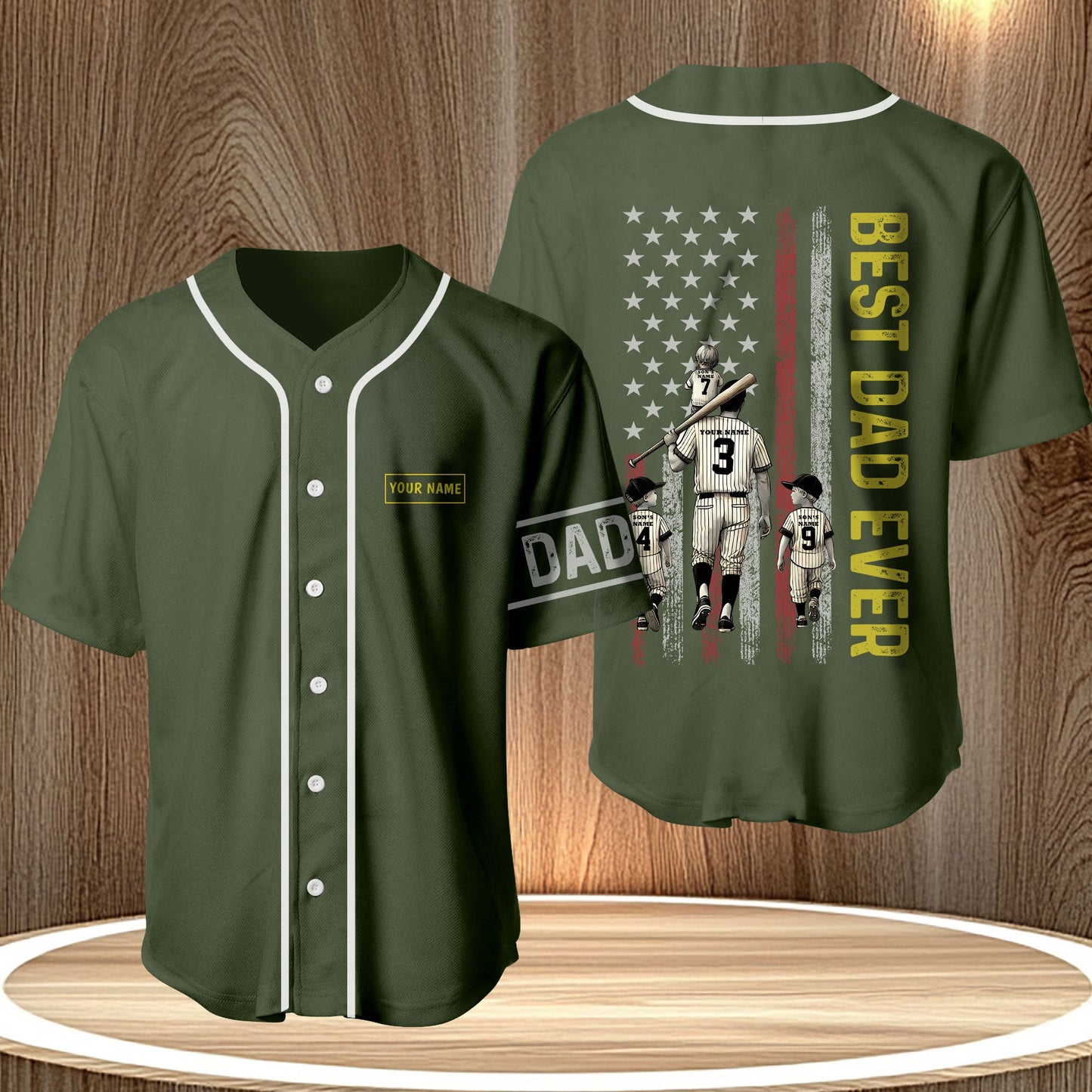 Father's day gift baseball jersey in green with Best Dad Ever design and customizable name patch