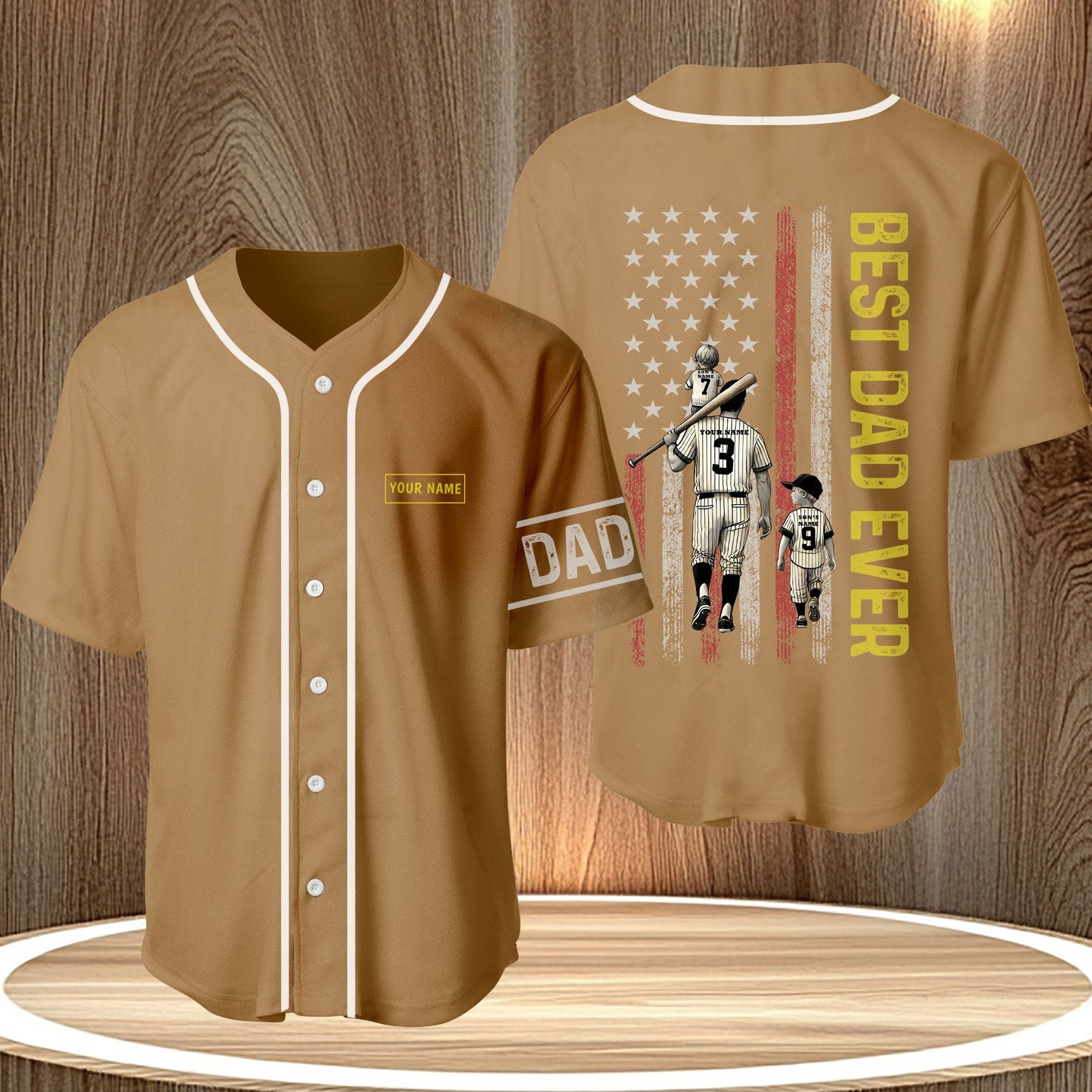 Father's day gift baseball jersey with vintage flag and best dad ever design in brown color