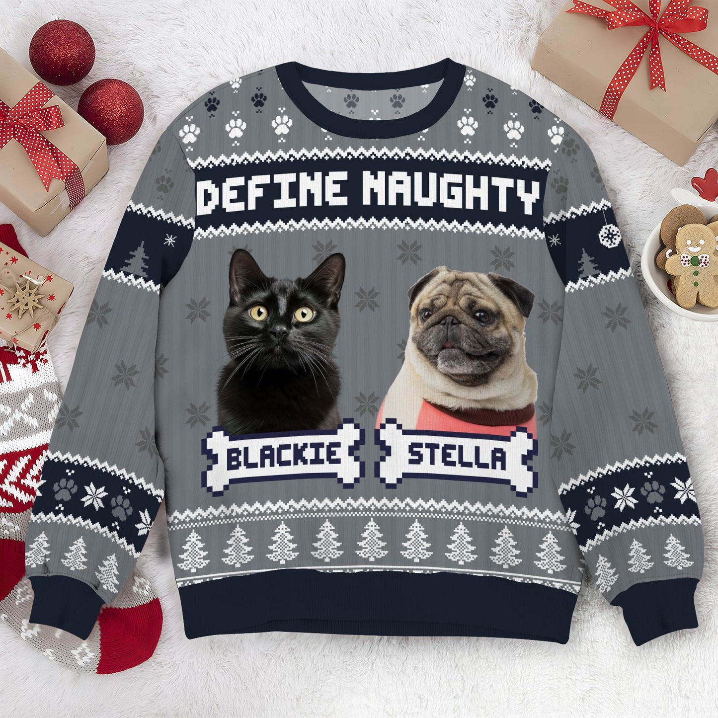 Feliz Navidog holiday sweater by 365Gifty with Define Naughty text and cat Blackie and dog Stella images