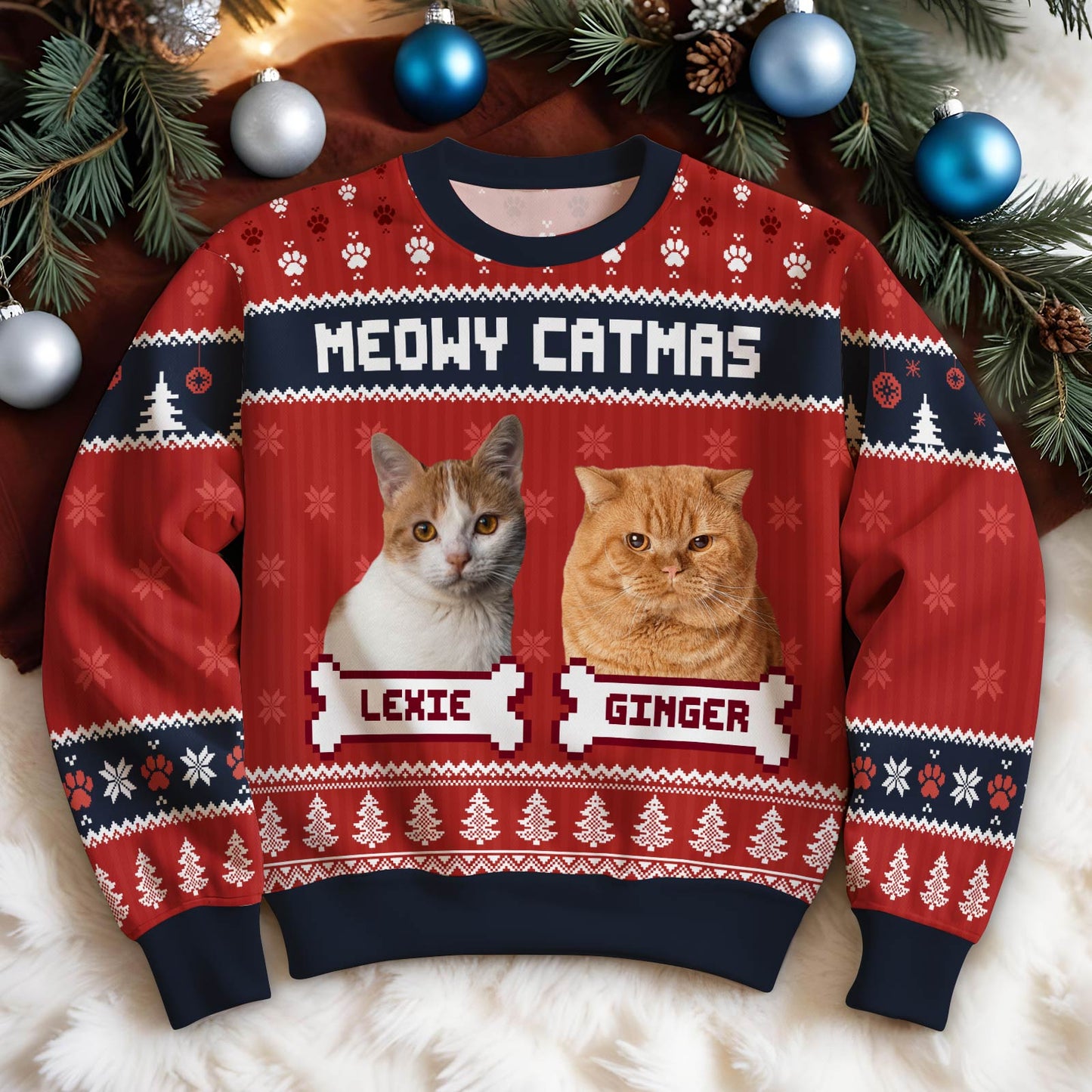 365Gifty Feliz Navidog holiday sweater with Meowy Catmas design featuring two cats Lexie and Ginger on red background