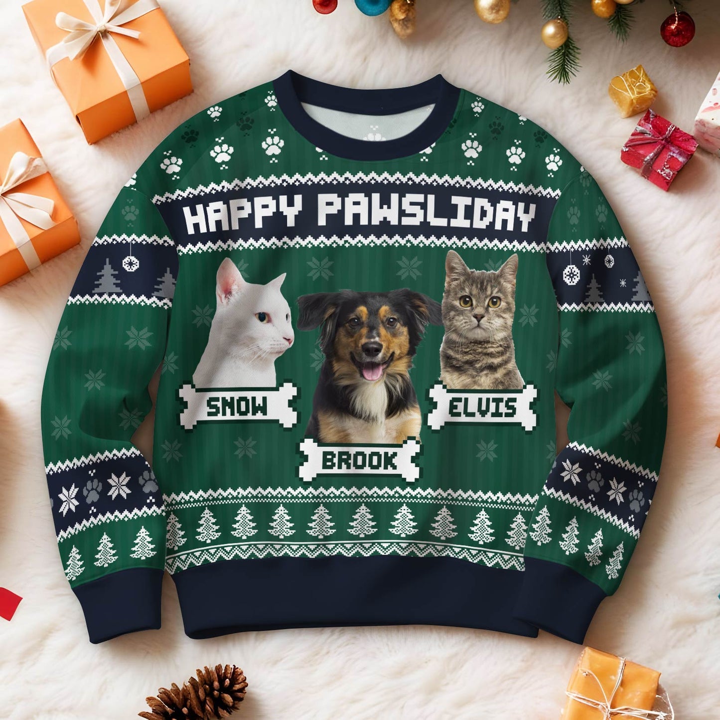 365Gifty Feliz Navidog holiday sweater with Happy Pawsliday text and dog and cat portraits
