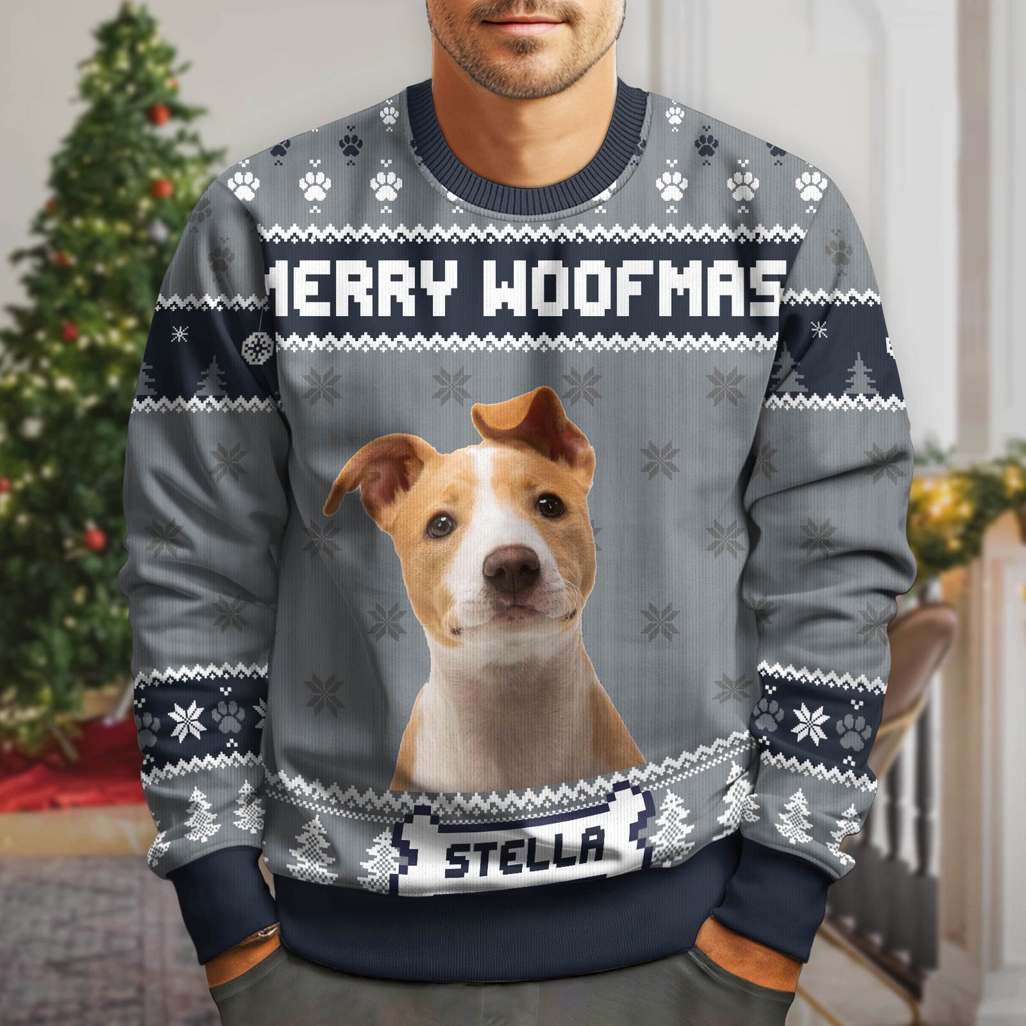 365Gifty Feliz Navidog holiday sweater in gray with Merry Woofmas text and dog portrait