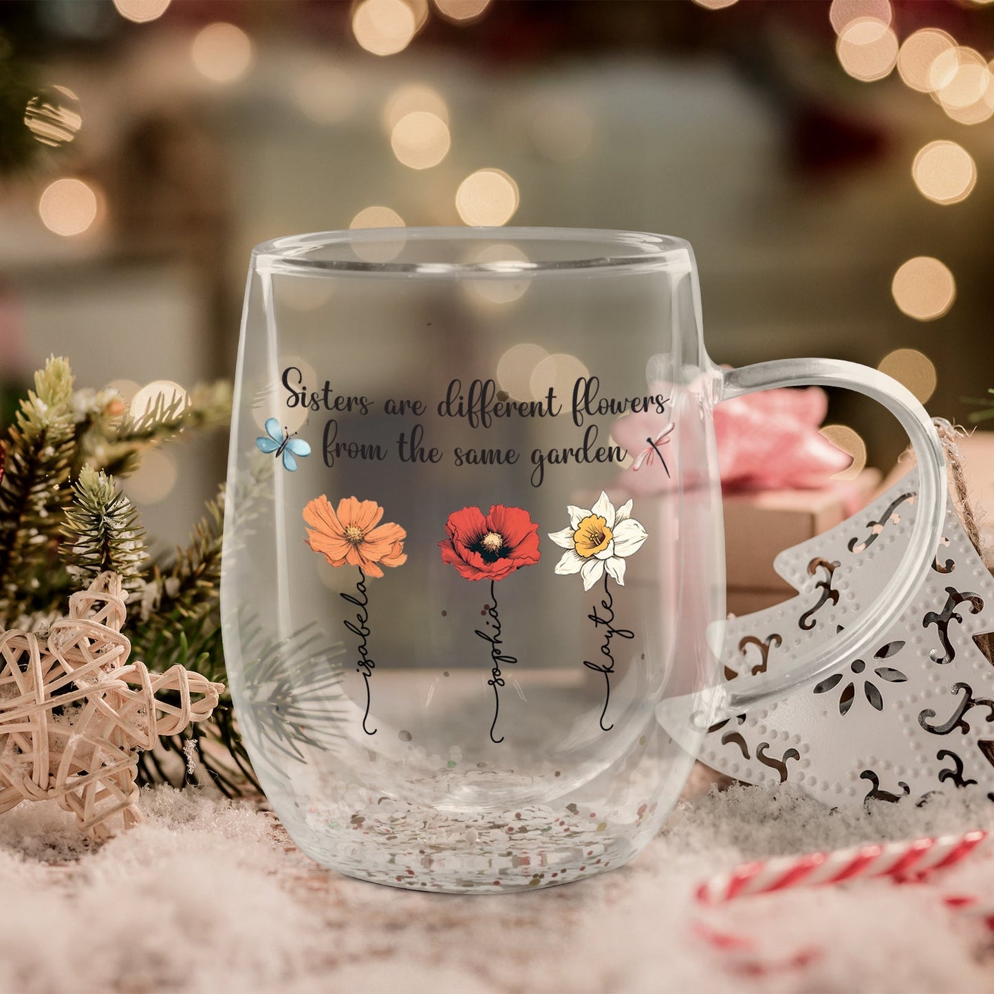 personalized bestie glass mug clear double wall glass with floral sisters quote on holiday table