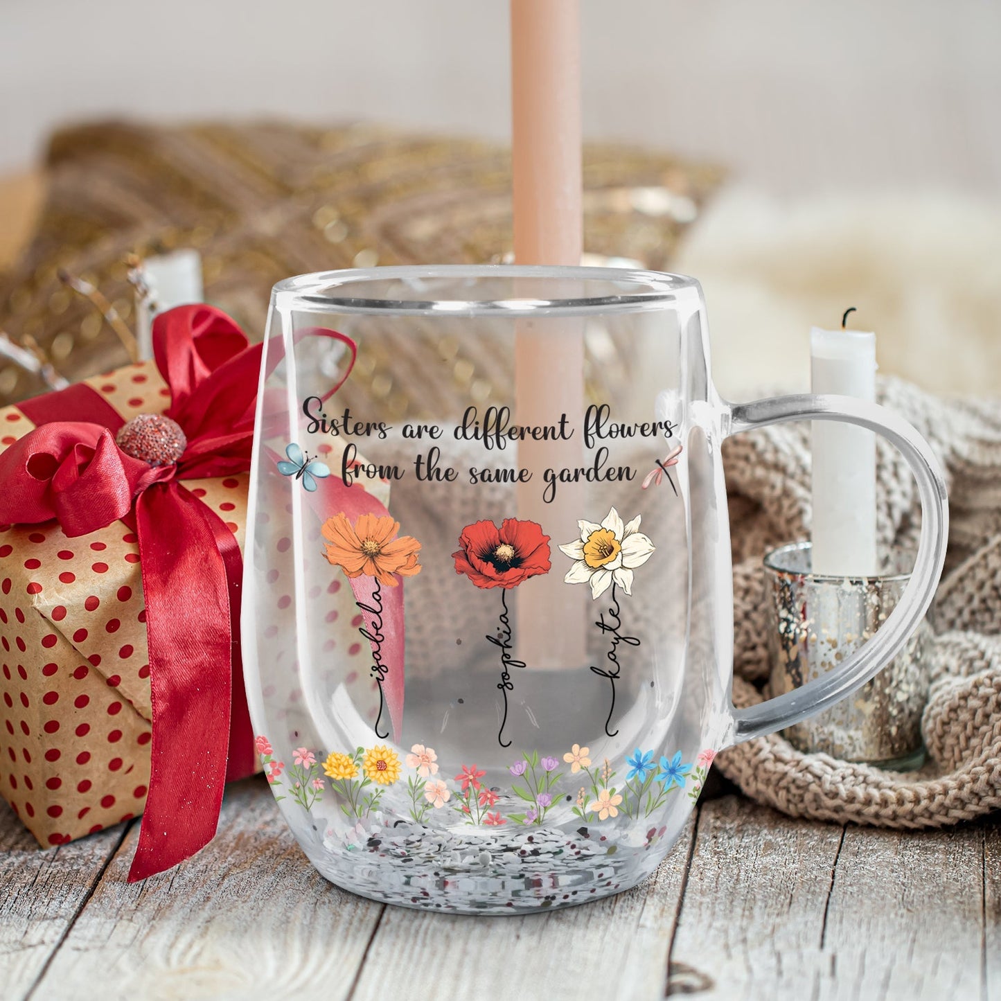 Clear personalized bestie glass mug with floral design sisters are different flowers gift