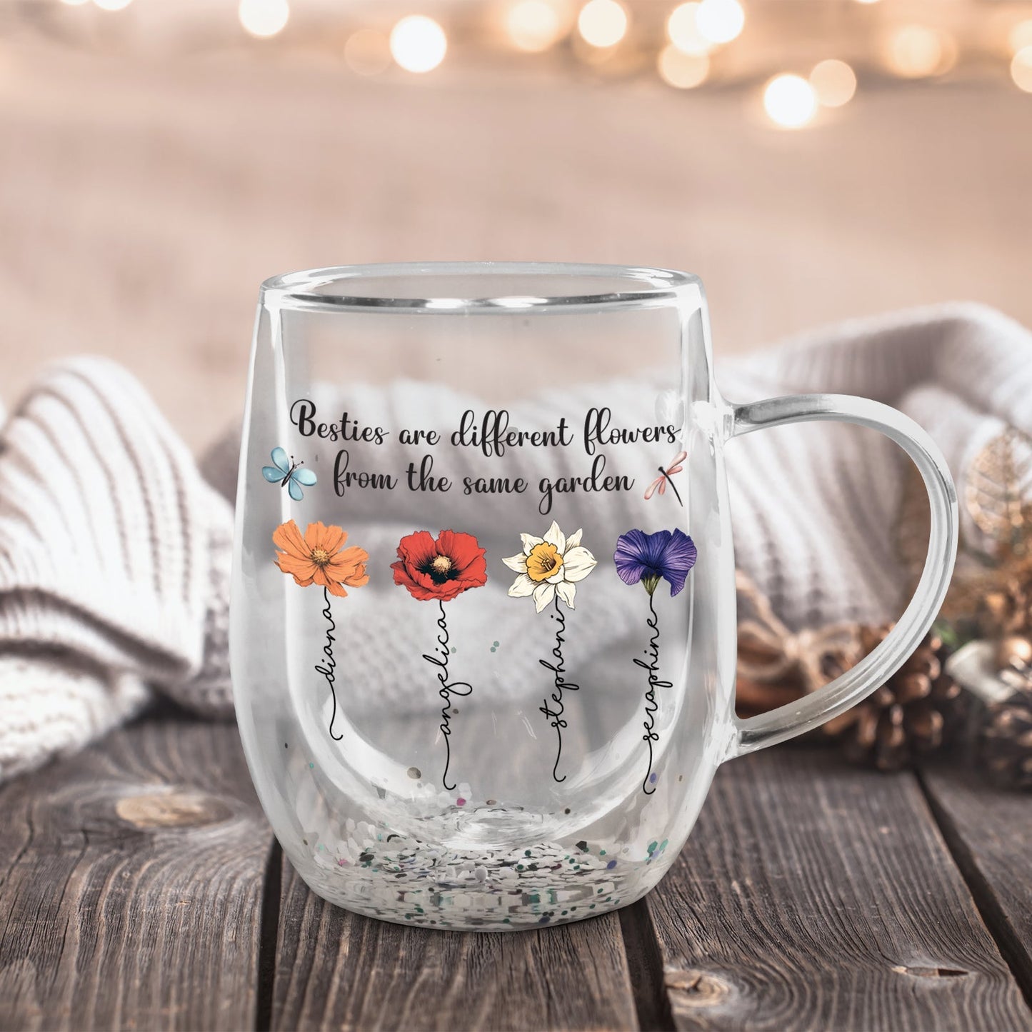 personalized bestie glass mug with four colorful flower illustrations names and inspirational quote on clear double wall glass