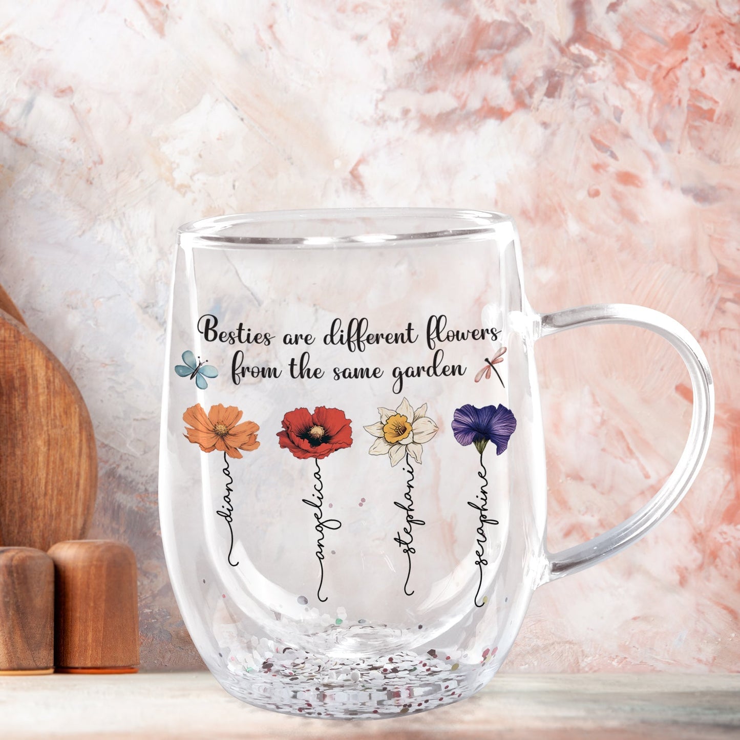 Clear personalized bestie glass mug with floral Besties are different flowers quote and four colorful flower stems